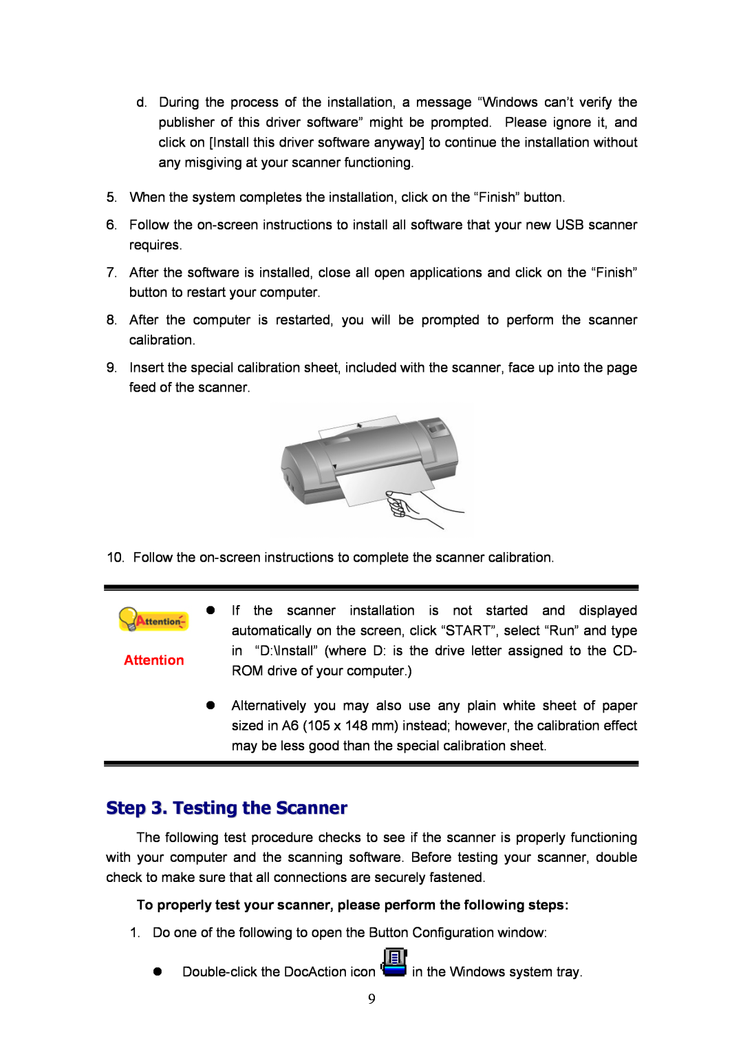 Plustek MobileOffice Scanner, D600 Testing the Scanner, To properly test your scanner, please perform the following steps 