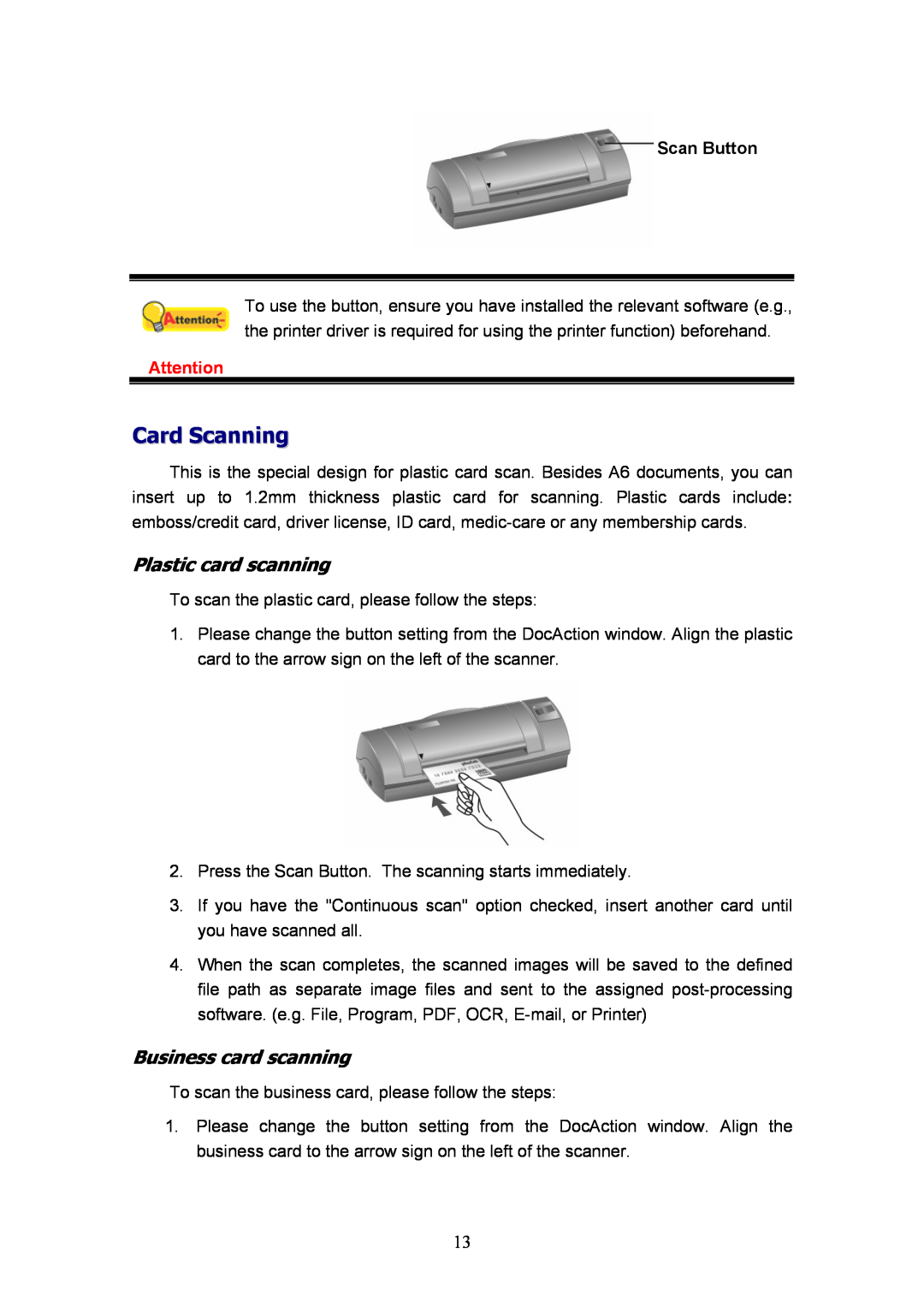 Plustek MobileOffice Scanner, D600 manual Card Scanning, Plastic card scanning, Business card scanning 