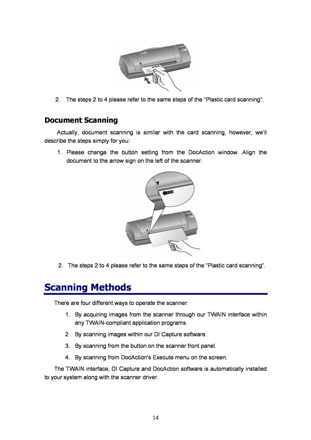 Plustek D600, MobileOffice Scanner manual Scanning Methods, Document Scanning 