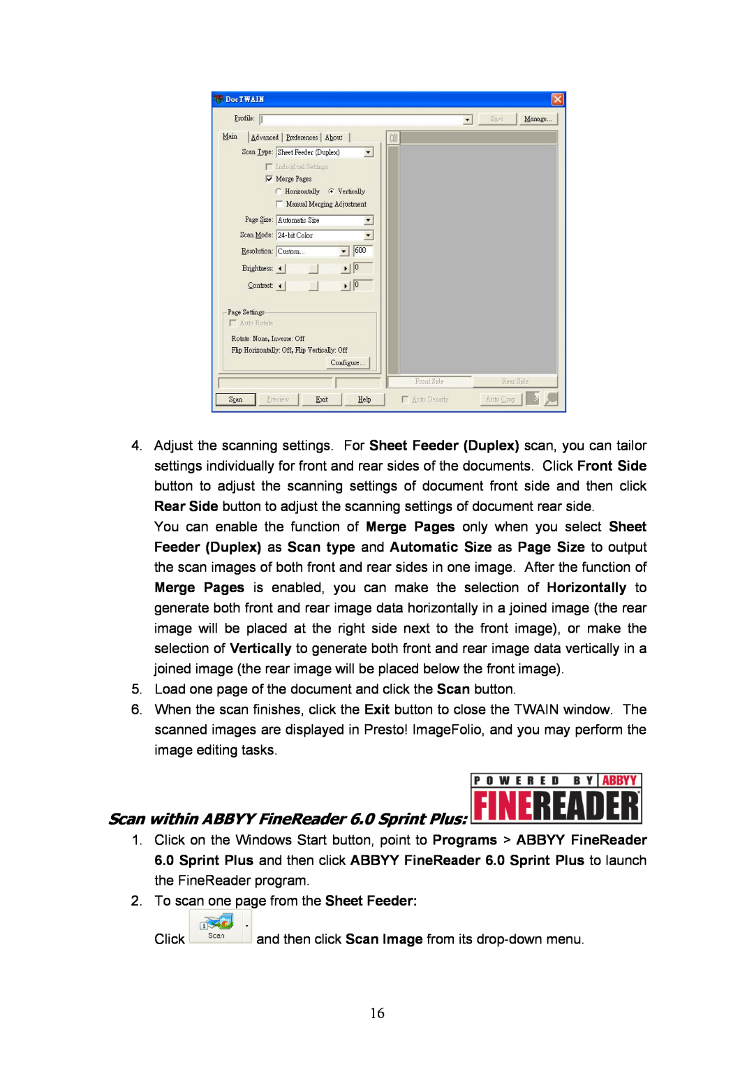 Plustek D600, MobileOffice Scanner manual Scan within ABBYY FineReader 6.0 Sprint Plus 