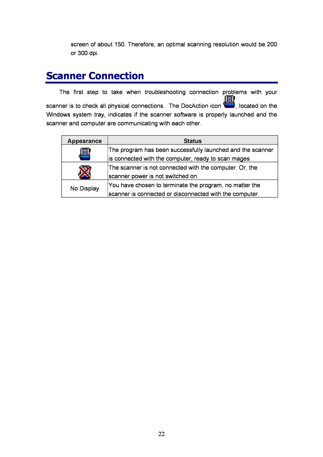Plustek D600, MobileOffice Scanner manual Scanner Connection, Appearance, Status 