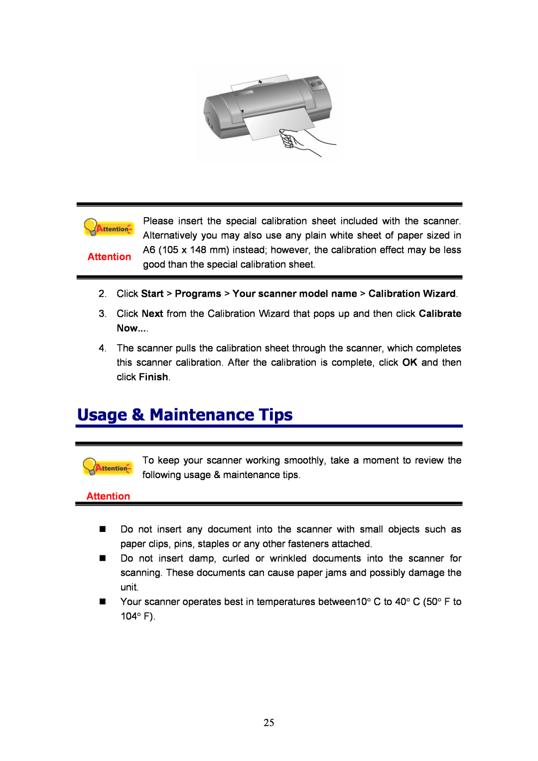 Plustek MobileOffice Scanner Usage & Maintenance Tips, Click Start Programs Your scanner model name Calibration Wizard 