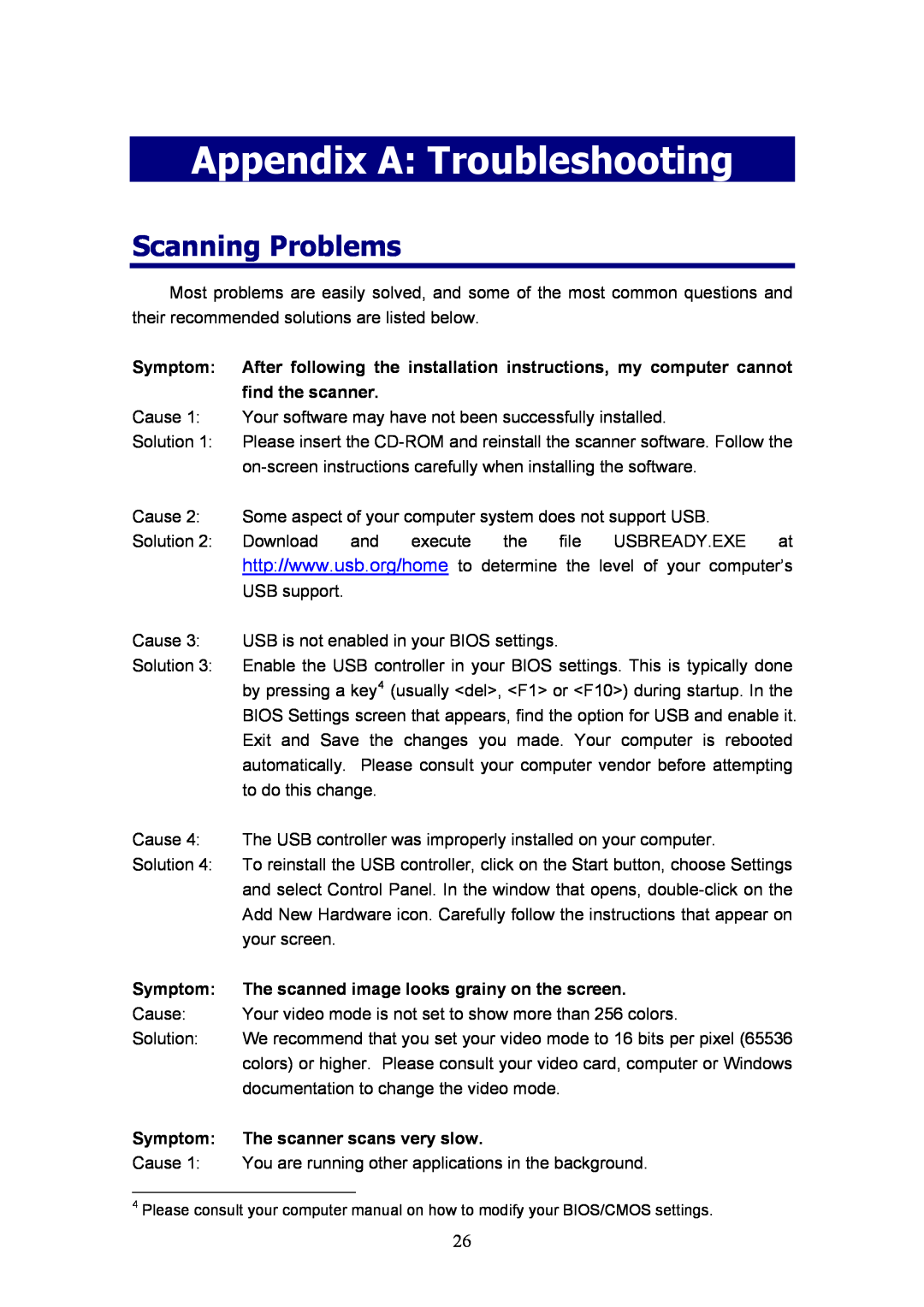 Plustek D600, MobileOffice Scanner manual Appendix A Troubleshooting, Scanning Problems 