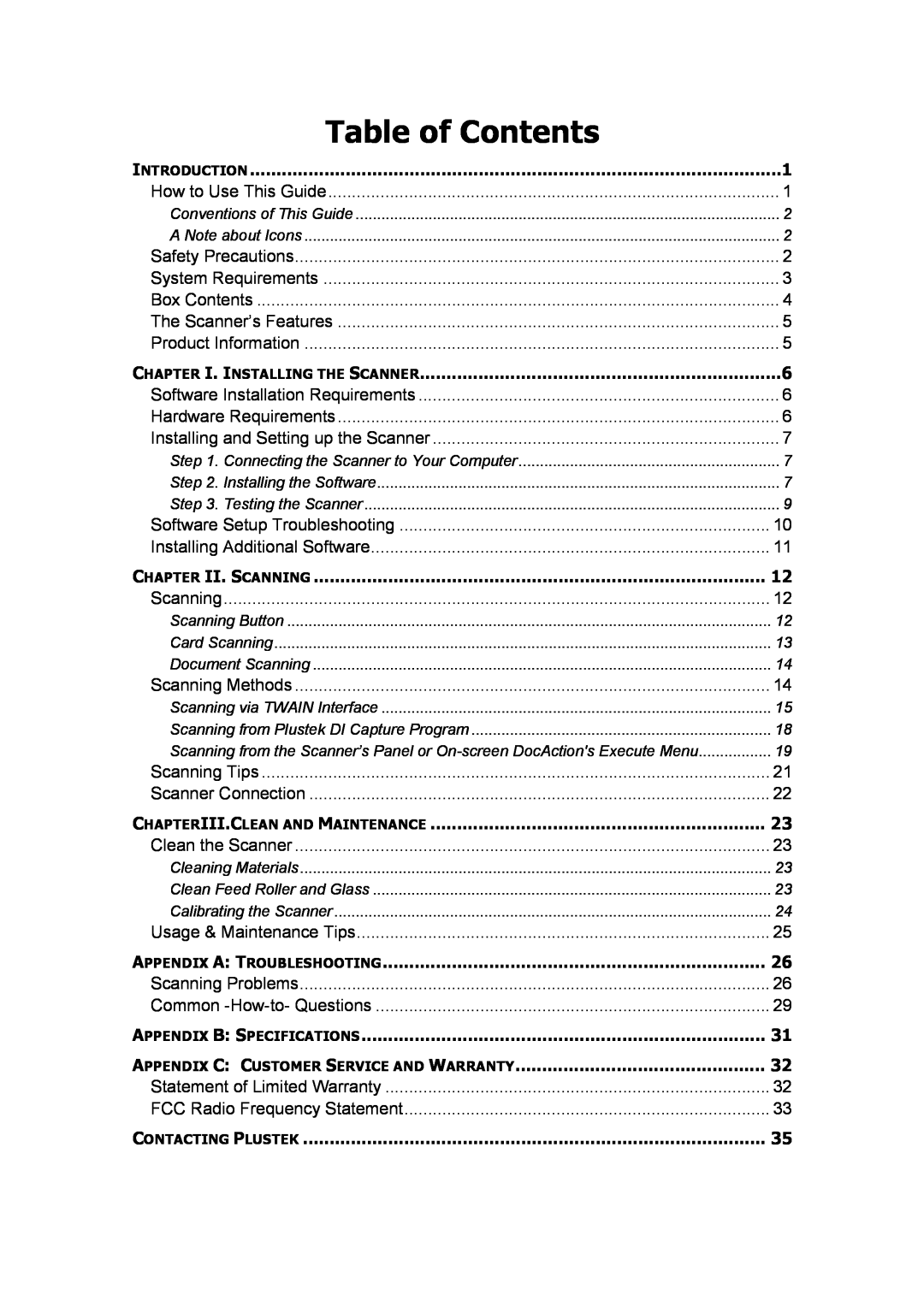 Plustek D600, MobileOffice Scanner manual Table of Contents 