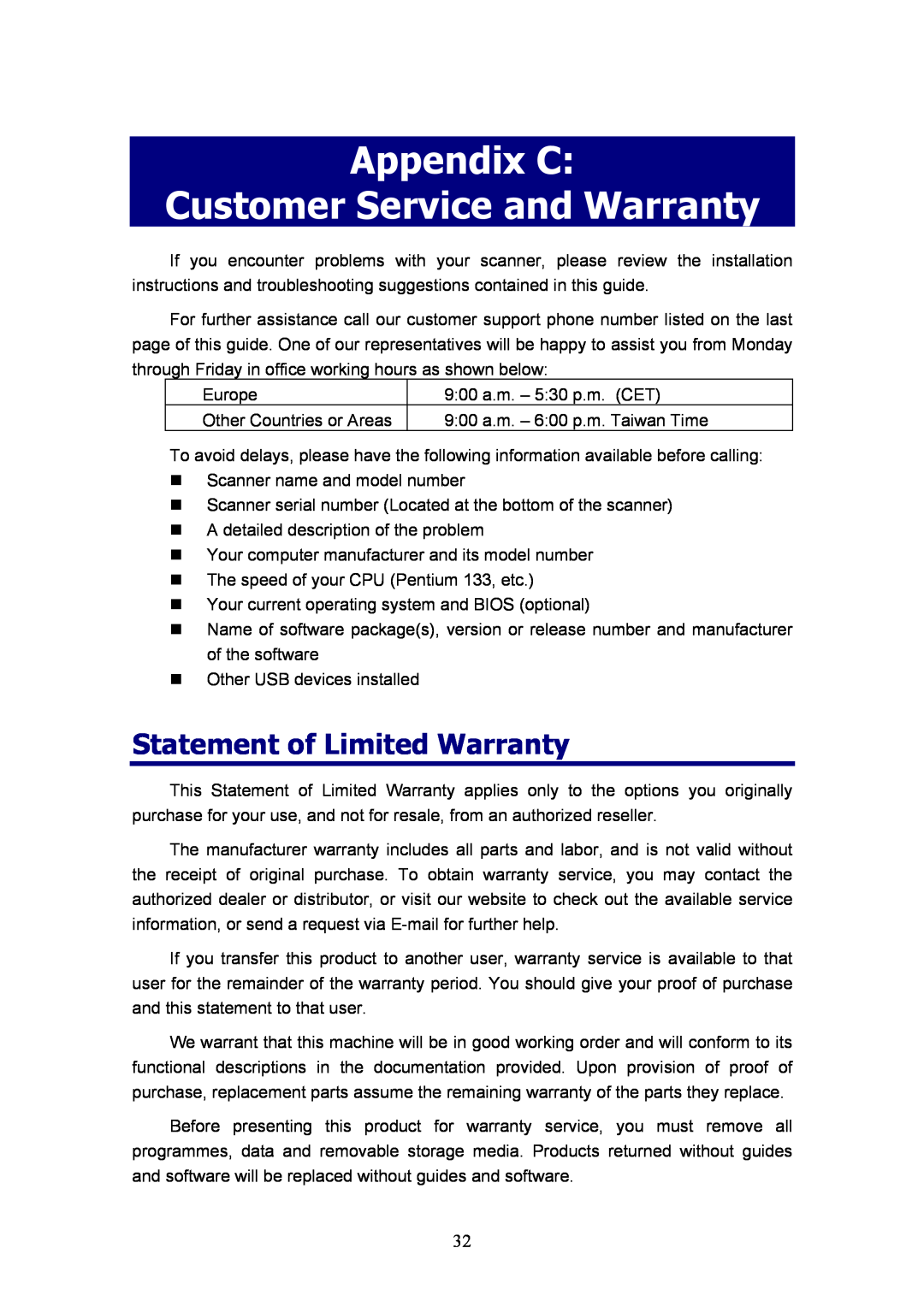 Plustek D600, MobileOffice Scanner manual Appendix C Customer Service and Warranty, Statement of Limited Warranty 