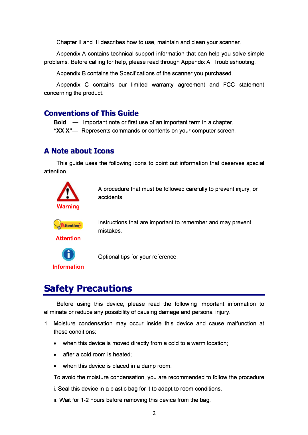 Plustek D600, MobileOffice Scanner manual Safety Precautions, Conventions of This Guide, A Note about Icons, Information 