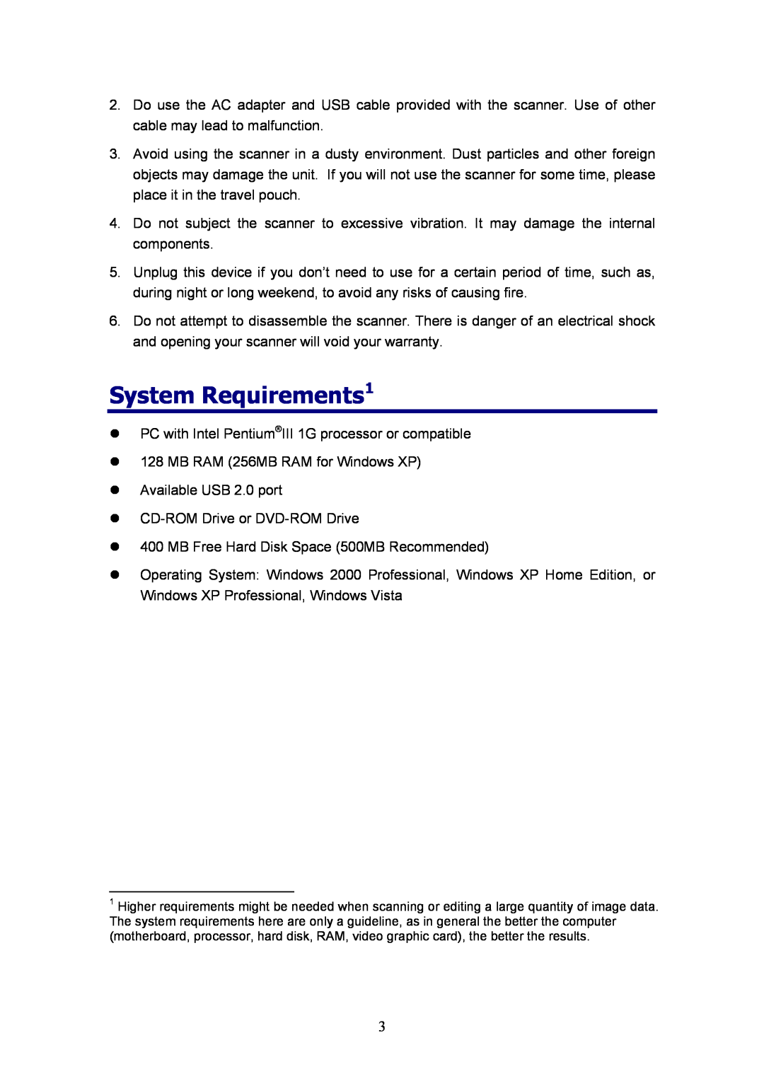 Plustek MobileOffice Scanner, D600 manual System Requirements1 