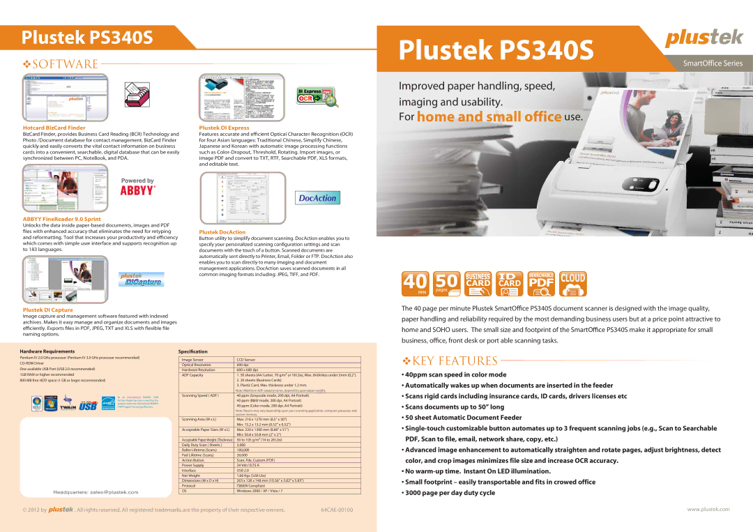 Plustek Plustek SmartOffice Series dimensions Plustek PS340S 