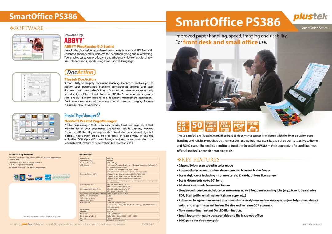 Plustek Plustek SmartOffice document scanner dimensions ™Software, ™Key Features, SmartOffice PS386, 0LUSTEKS$OC!CTION 