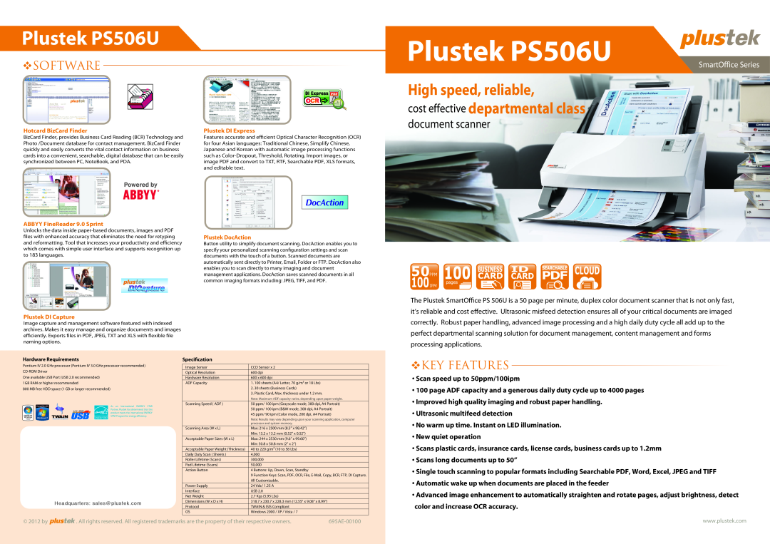 Plustek Plustek SmartOffice Series High speed, reliable, cost effective departmental class document scanner, PS506U manual 