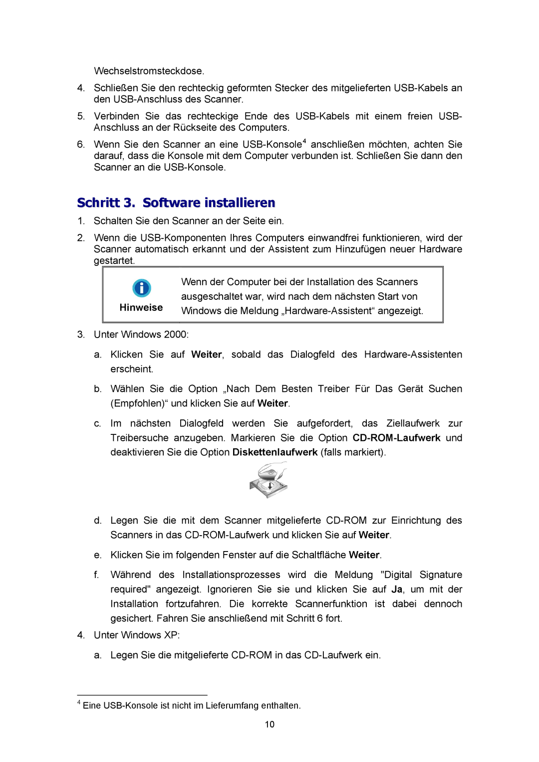 Plustek A360, Scanner-Benutzerhandbuch manual Schritt 3. Software installieren, Hinweise 