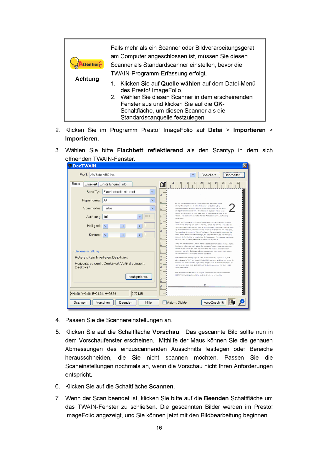 Plustek A360, Scanner-Benutzerhandbuch manual Achtung 