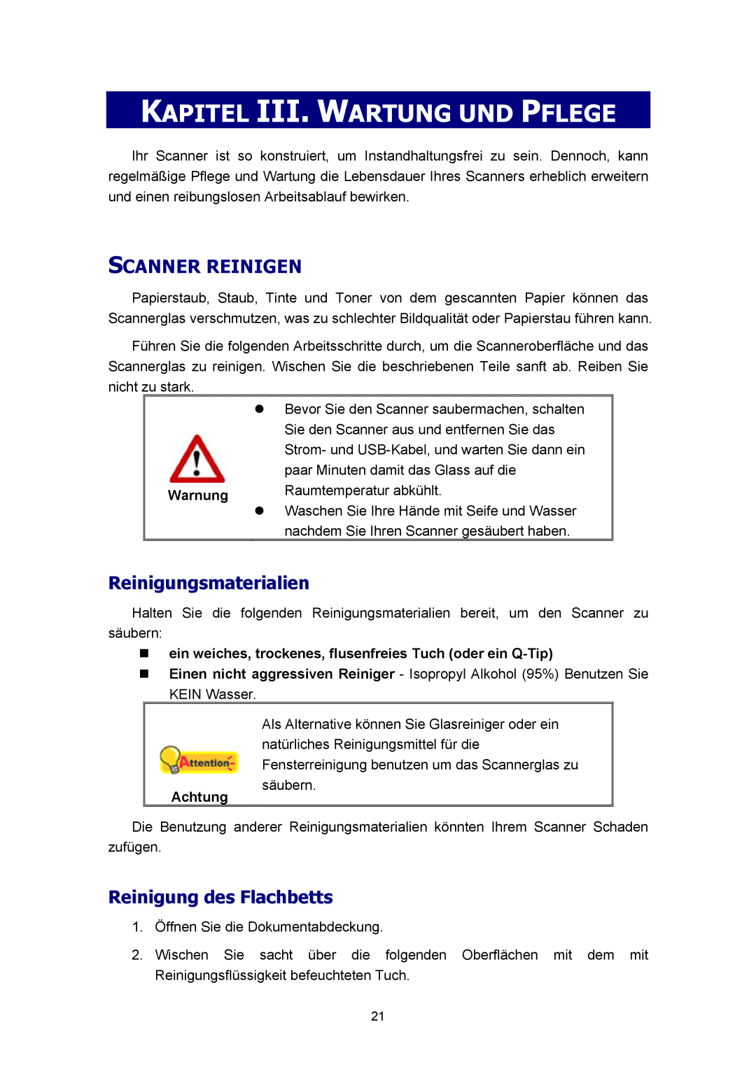 Plustek Scanner-Benutzerhandbuch, A360 manual Kapitel III. Wartung UND Pflege, Scanner Reinigen, Reinigungsmaterialien 