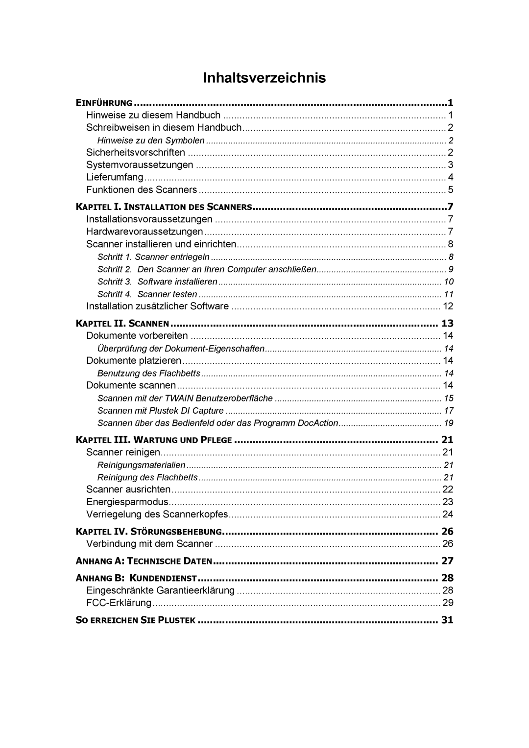 Plustek A360, Scanner-Benutzerhandbuch manual Inhaltsverzeichnis 