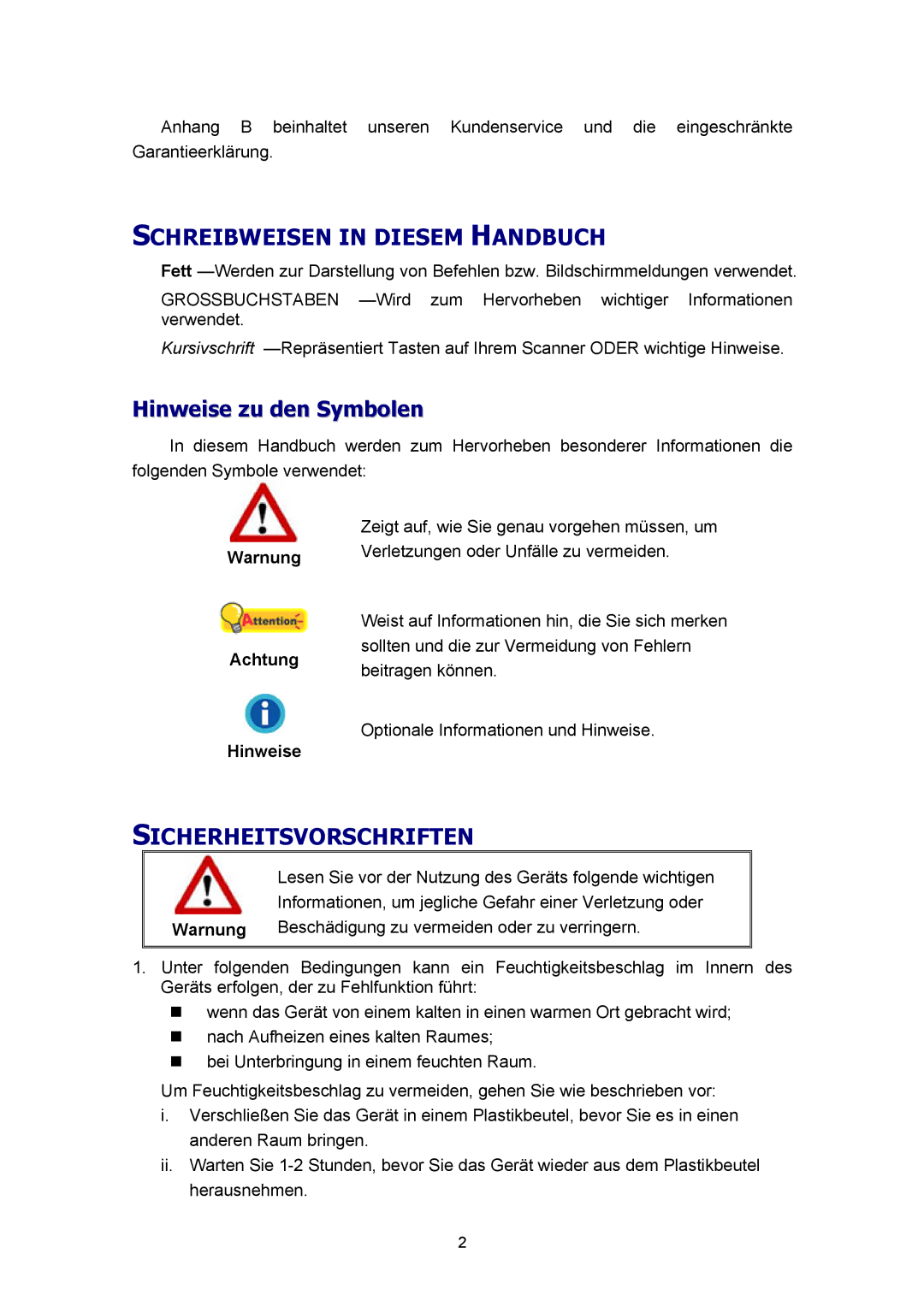 Plustek A360 Schreibweisen in Diesem Handbuch, Hinweise zu den Symbolen, Sicherheitsvorschriften, Warnung Achtung Hinweise 