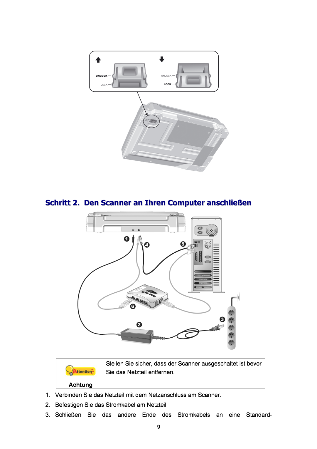 Plustek Scanner-Benutzerhandbuch, A360 manual Schritt 2. Den Scanner an Ihren Computer anschließen, Achtung 