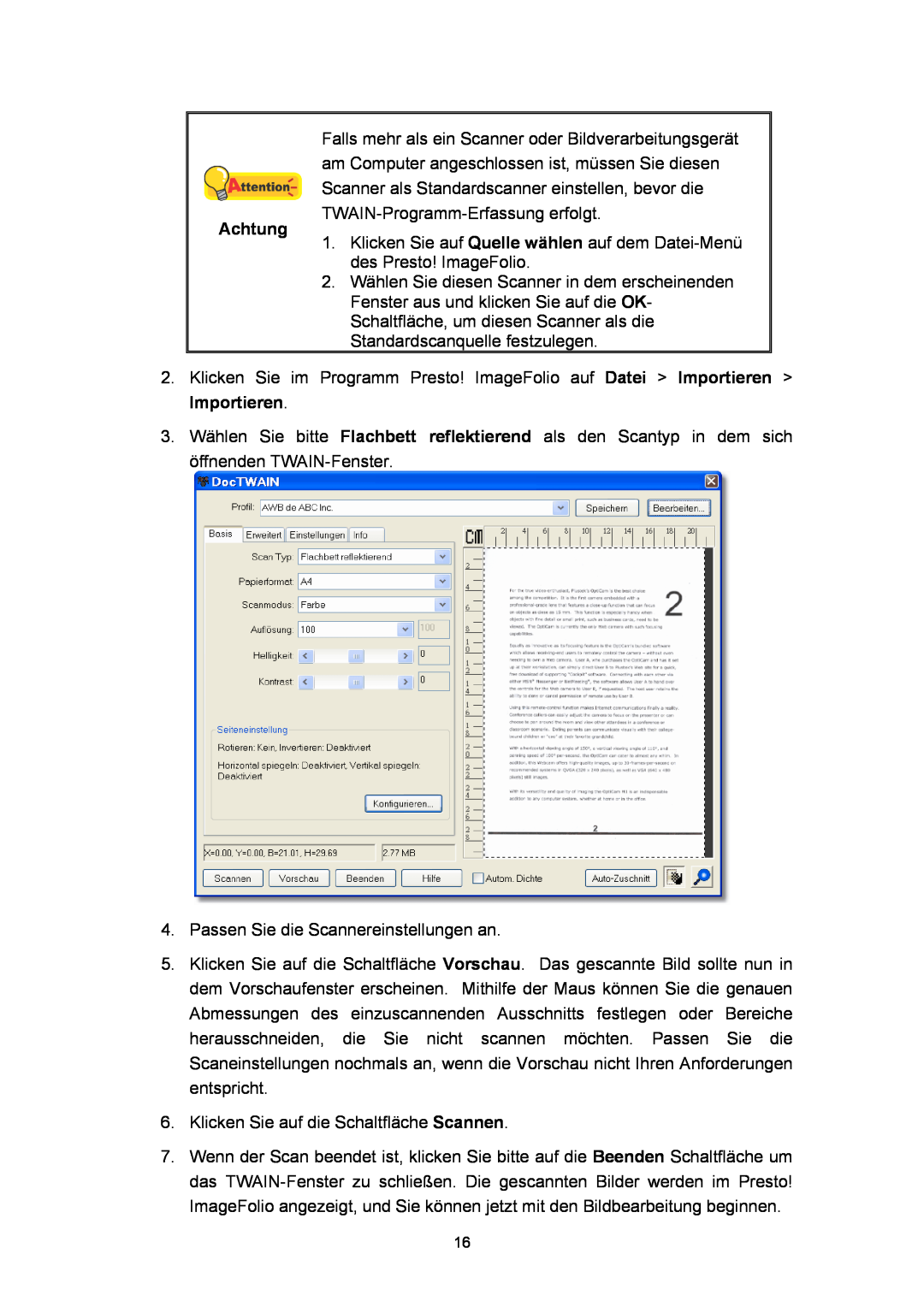 Plustek A360, Scanner-Benutzerhandbuch manual Achtung, Passen Sie die Scannereinstellungen an 