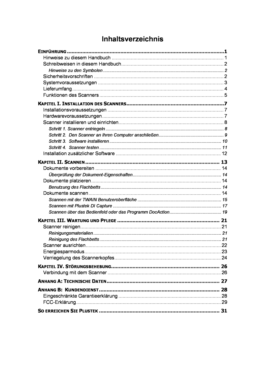 Plustek A360, Scanner-Benutzerhandbuch manual Inhaltsverzeichnis 
