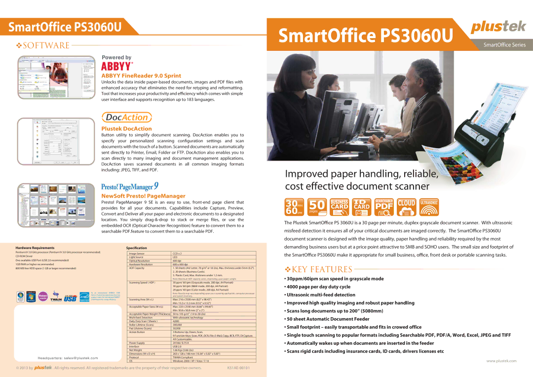 Plustek SmartOffice Document Scanner, PS3060U dimensions ™Software, ™KEY Features 