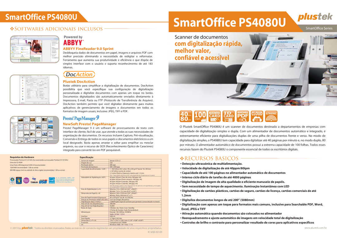 Plustek SmartOffice Scanner manual Requisitos do Hardware, Especificação 