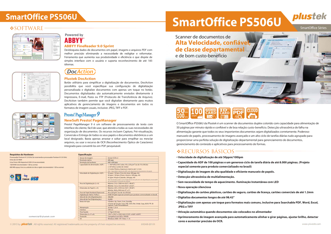 Plustek SmartOffice manual Requisitos do Hardware, Especificação 