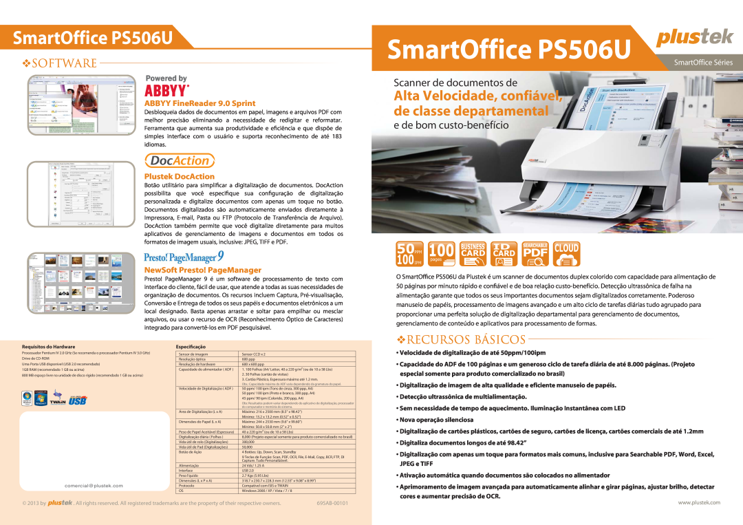 Plustek manual ™Software, ™Recursos Básicos, SmartOffice PS506U, Alta Velocidade, confiável, de classe departamental 
