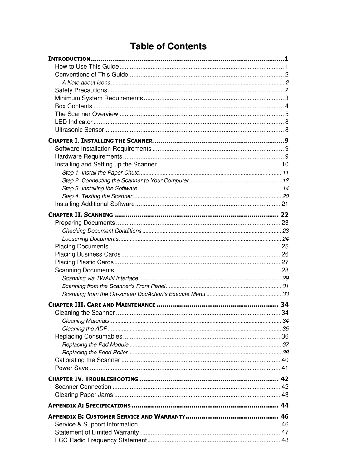 Plustek SN8016U, Plustek, SC8016U manual Table of Contents 