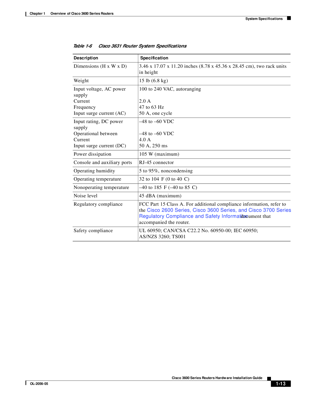 PMC-Sierra 3600 specifications Cisco 3631 Router System Speciﬁcations 