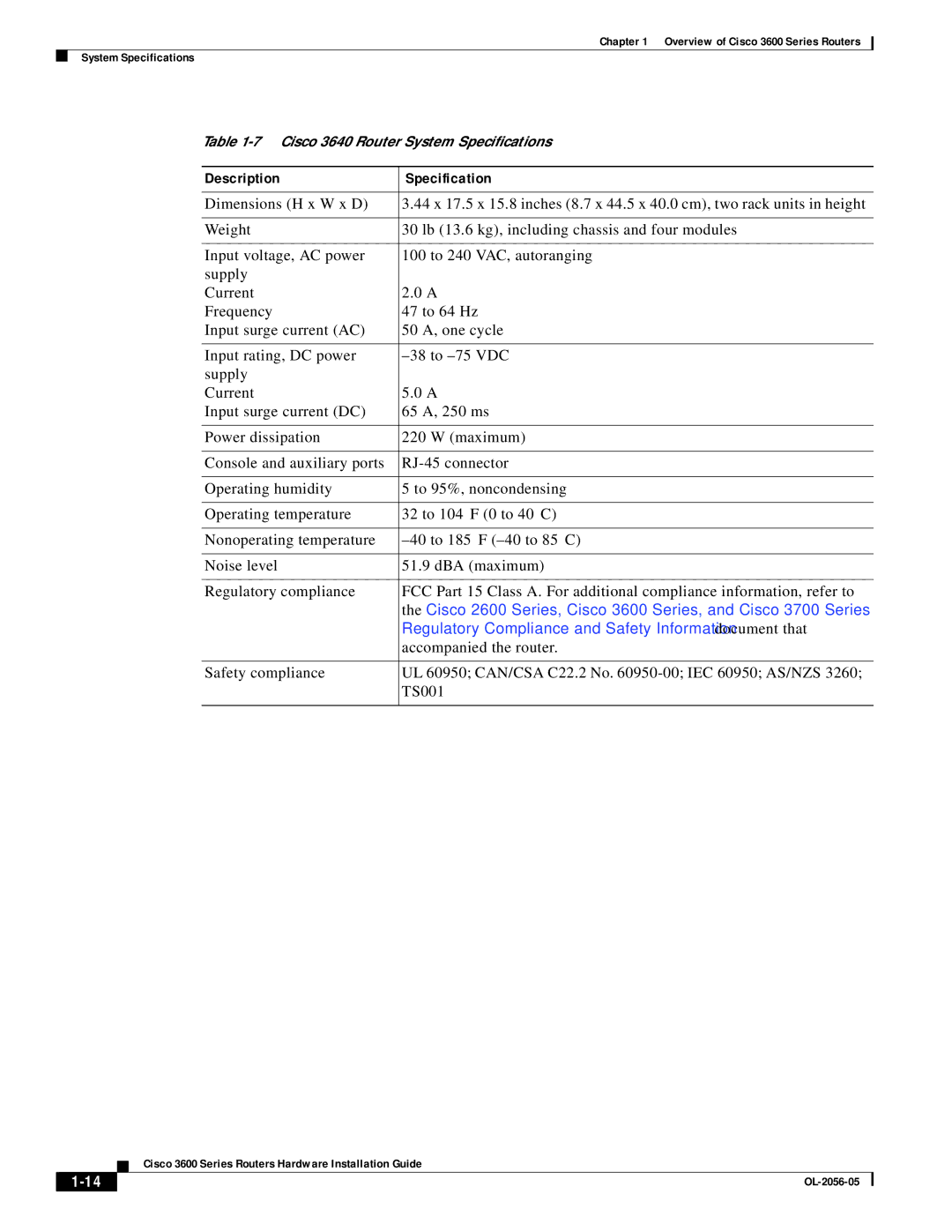 PMC-Sierra 3600 specifications Cisco 3640 Router System Speciﬁcations 