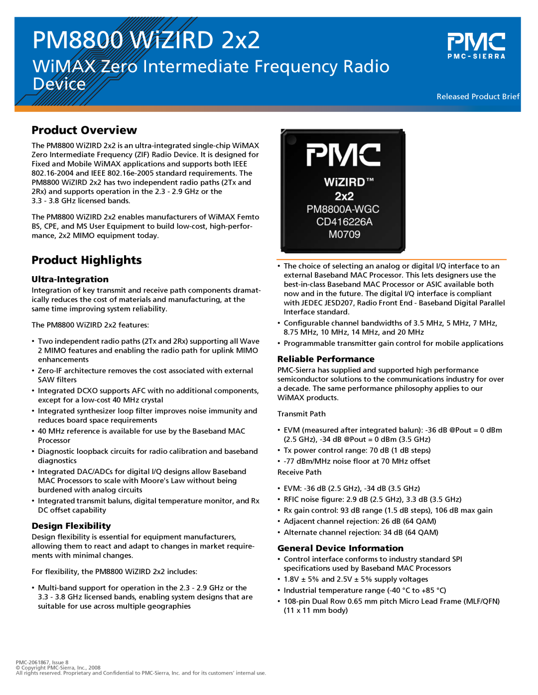 PMC-Sierra specifications Product Overview, Product Highlights, PM8800 WiZIRD, Ultra-Integration, Design Flexibility 
