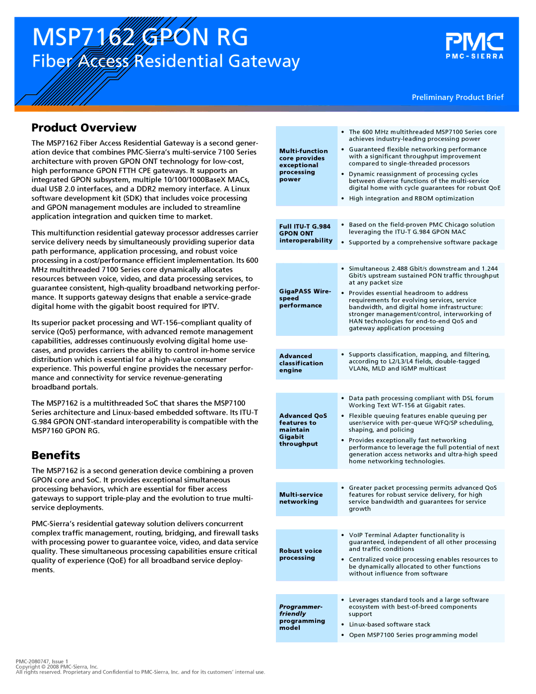 PMC-Sierra MSP7162 GPON RG user service Product Overview, Benefits 