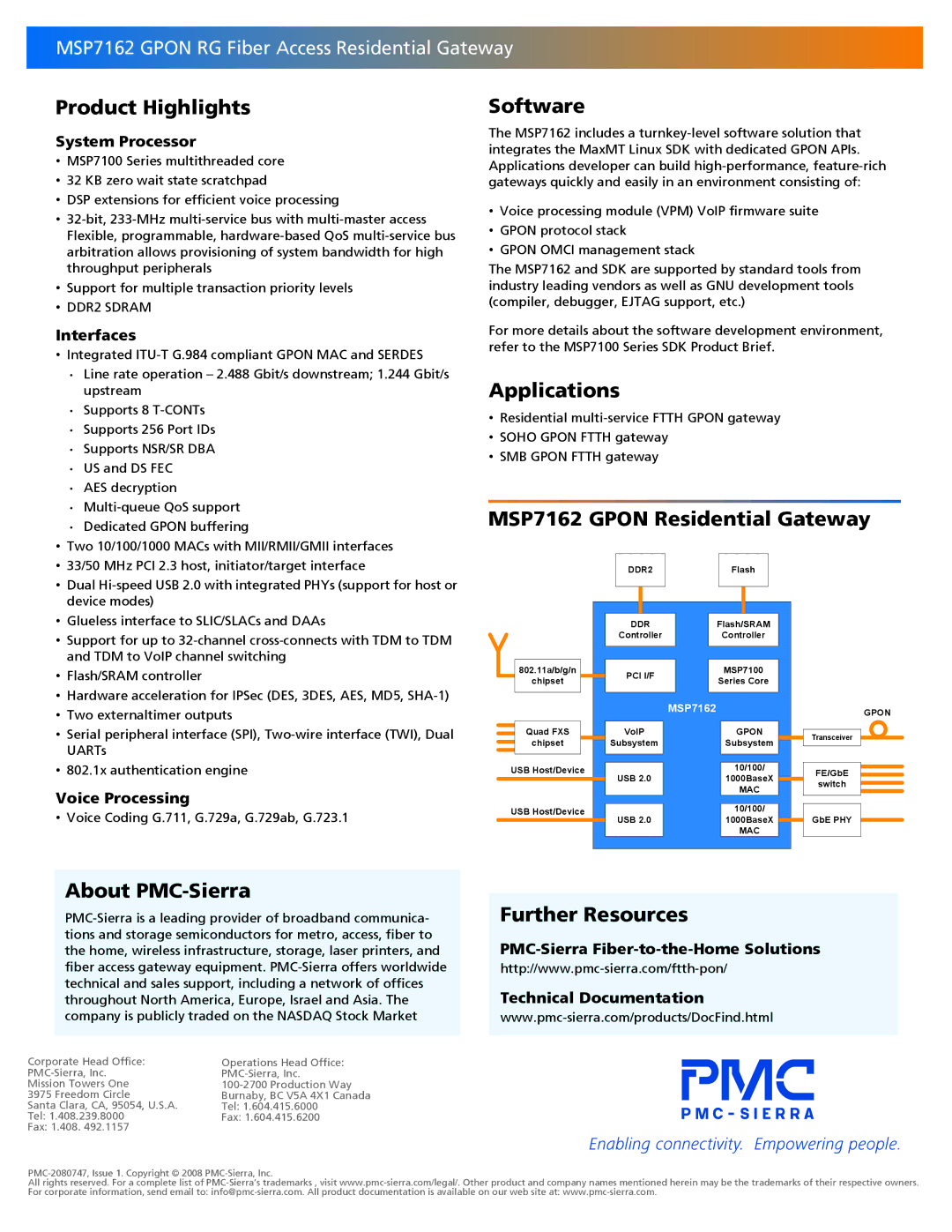 PMC-Sierra MSP7162 GPON RG Product Highlights, Software, Applications, MSP7162 Gpon Residential Gateway, About PMC-Sierra 