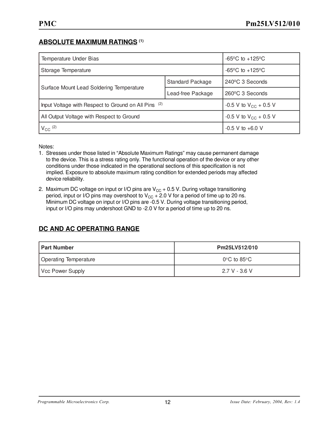 PMC-Sierra Pm25LV010 manual Absolute Maximum Ratings, DC and AC Operating Range, Part Number, Pm25LV512/010 