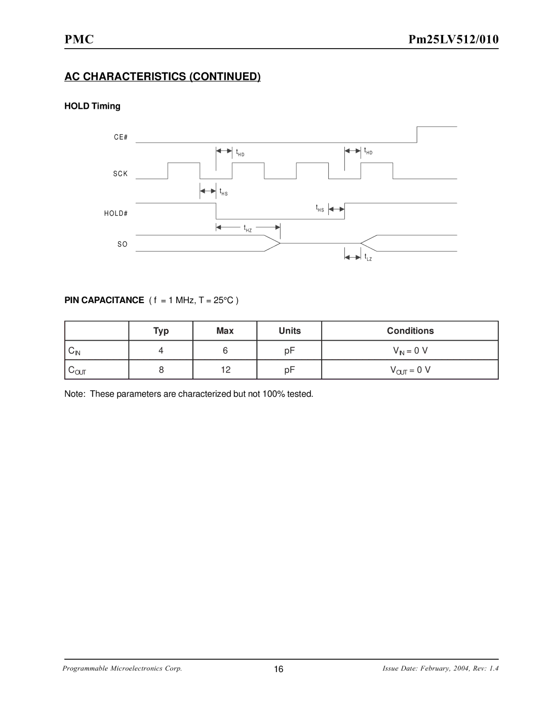 PMC-Sierra Pm25LV512, Pm25LV010 manual Hold Timing, Typ Max Units Conditions 