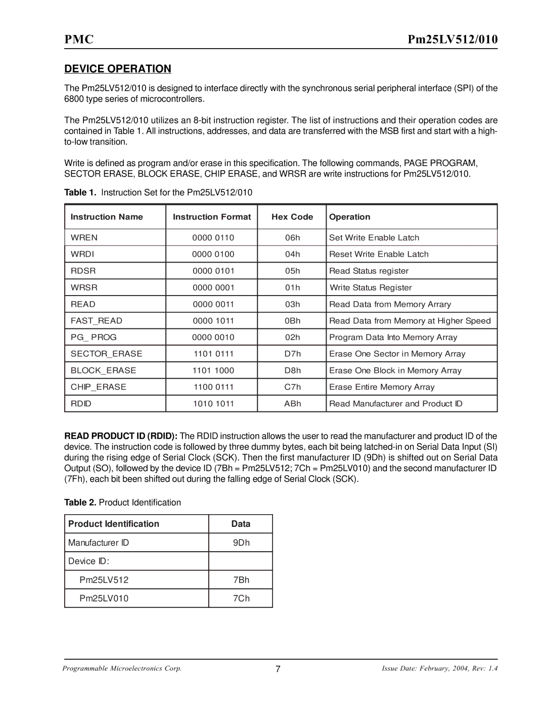 PMC-Sierra Pm25LV010 Device Operation, Product Identification Data, Instruction Name Instruction Format Hex Code Operation 