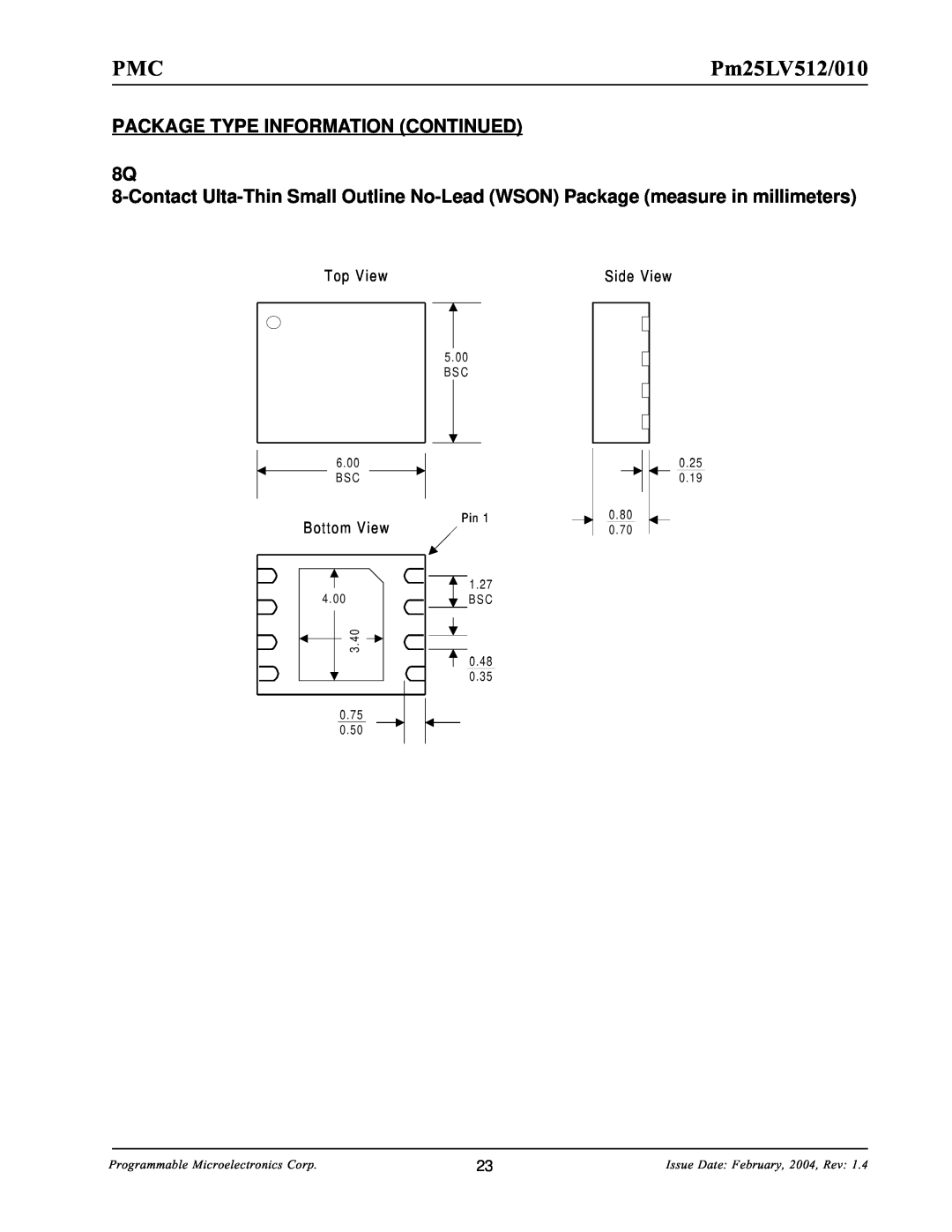 PMC-Sierra Pm25LV010 manual PACKAGE TYPE INFORMATION CONTINUED 8Q, Pm25LV512/010, Issue Date February, 2004, Rev, 3.40 