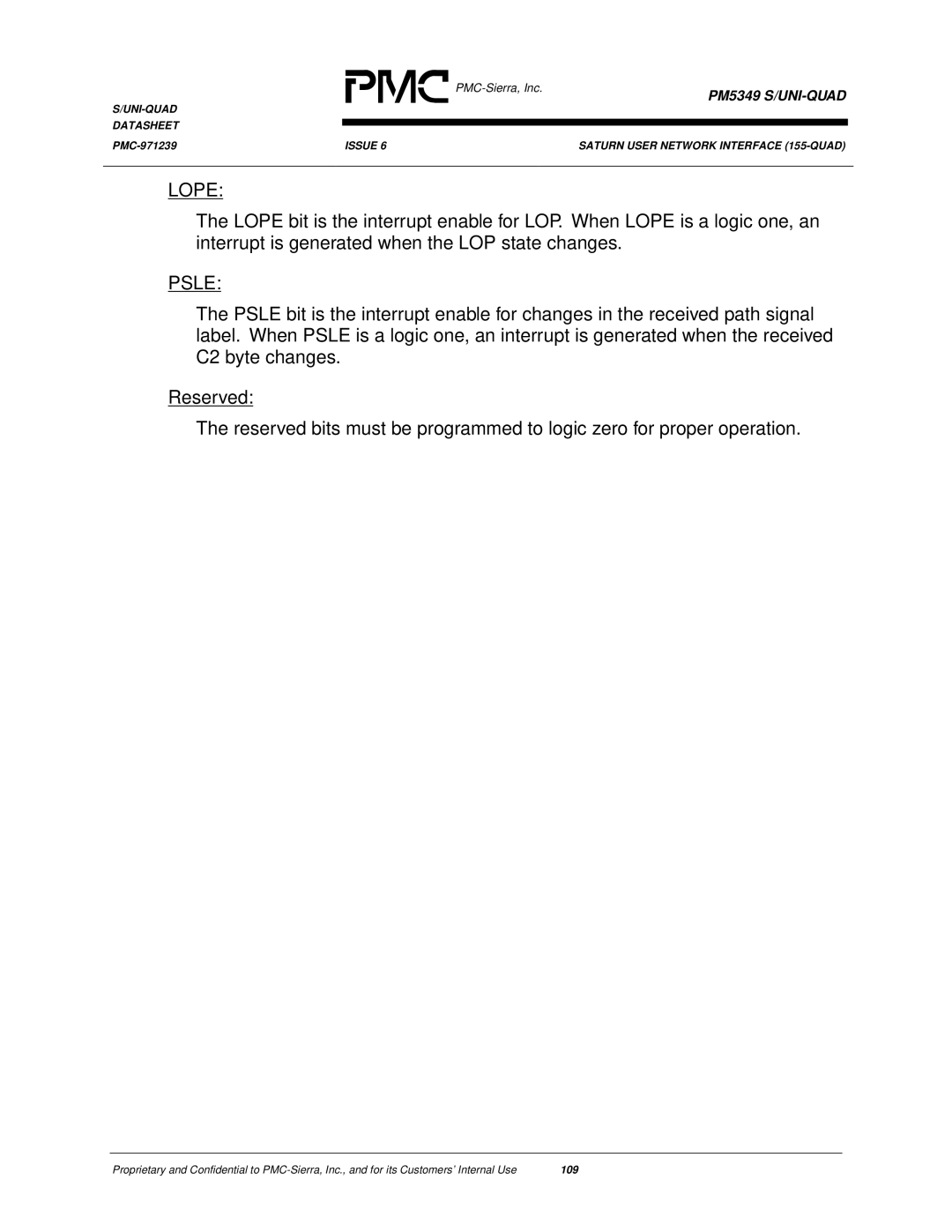 PMC-Sierra PM5349 manual Psle 