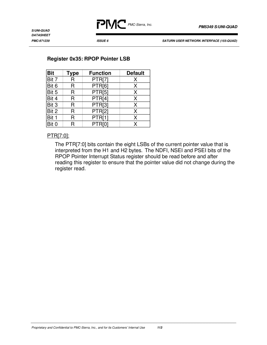 PMC-Sierra PM5349 manual Register 0x35 Rpop Pointer LSB Bit Type Function Default 