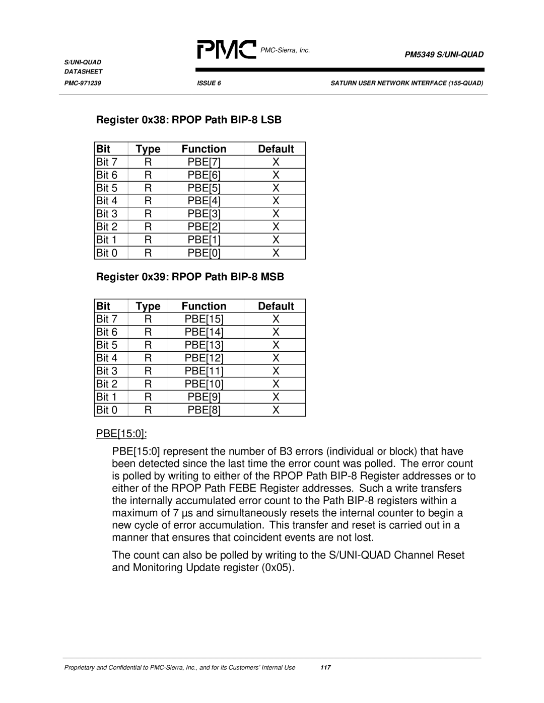 PMC-Sierra PM5349 Register 0x38 Rpop Path BIP-8 LSB Bit Type Function Default, Bit PBE7 PBE6 PBE5 PBE4 PBE3 PBE2 PBE1 PBE0 