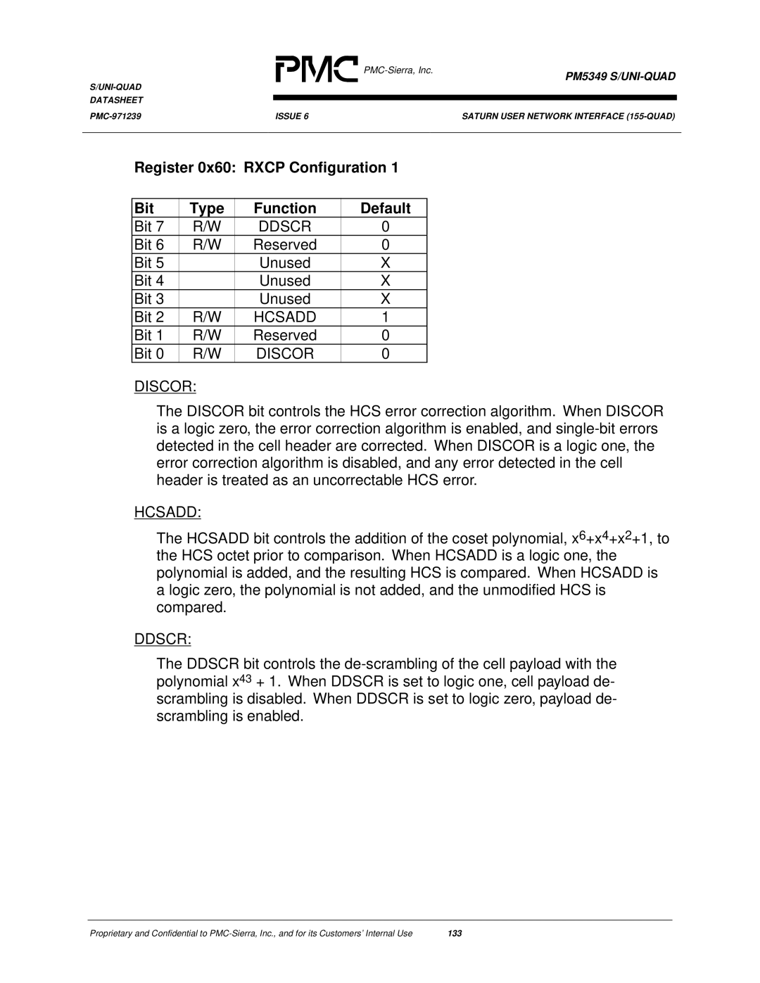 PMC-Sierra PM5349 manual Register 0x60 Rxcp Configuration Bit Type Function Default, Discor, Hcsadd, Ddscr 