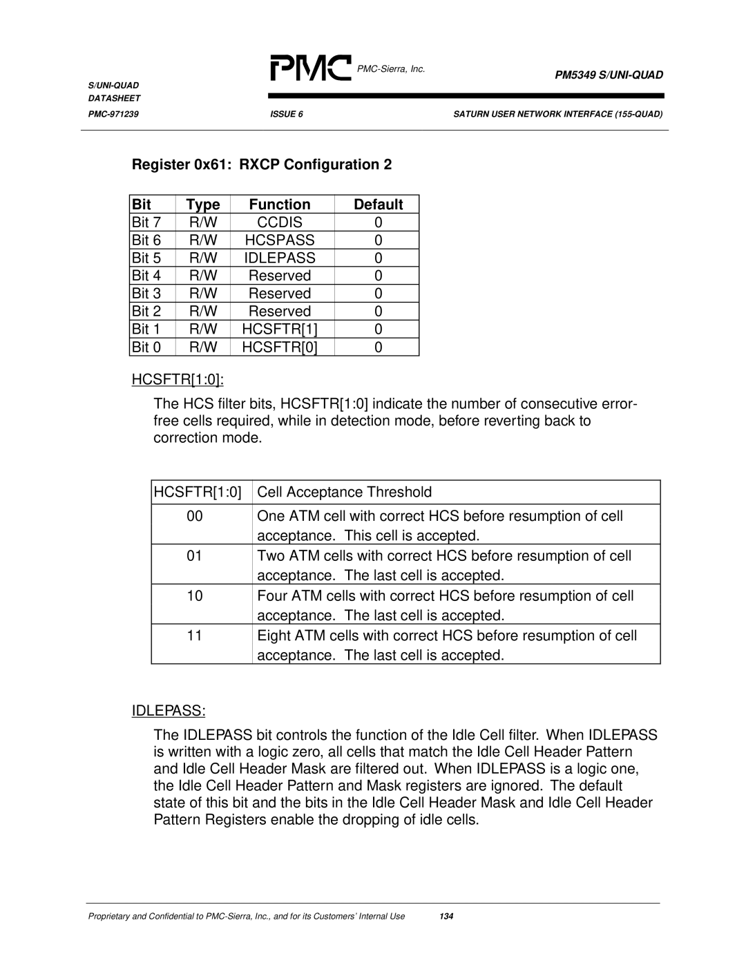 PMC-Sierra PM5349 manual Register 0x61 Rxcp Configuration Bit Type Function Default, Ccdis, HCSFTR1, HCSFTR0, Idlepass 