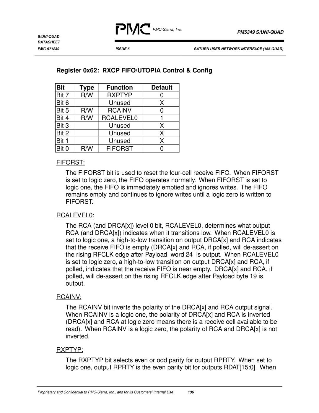 PMC-Sierra PM5349 manual Rxptyp, Rcainv, Fiforst RCALEVEL0 