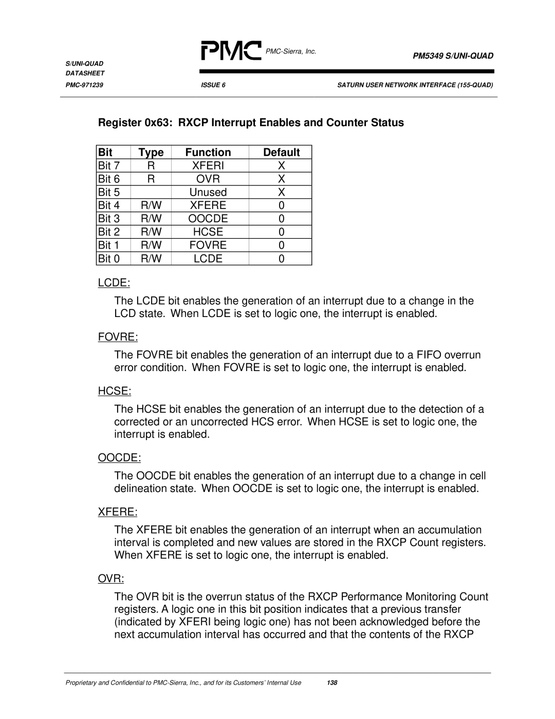 PMC-Sierra PM5349 manual Xferi, Ovr, Xfere, Fovre, Lcde, Hcse, Oocde 