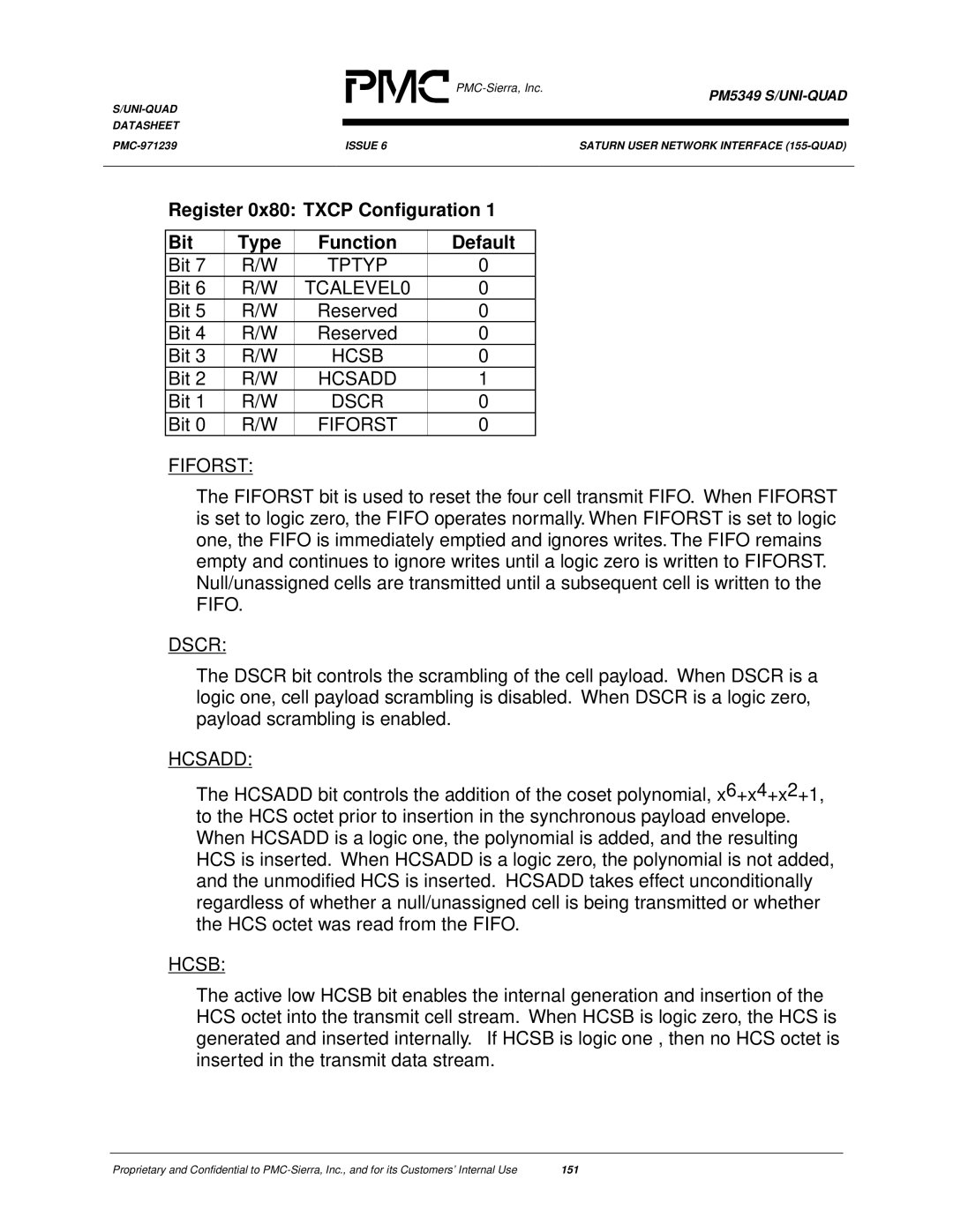 PMC-Sierra PM5349 manual Register 0x80 Txcp Configuration Bit Type Function Default, Tptyp, Dscr, Hcsb 