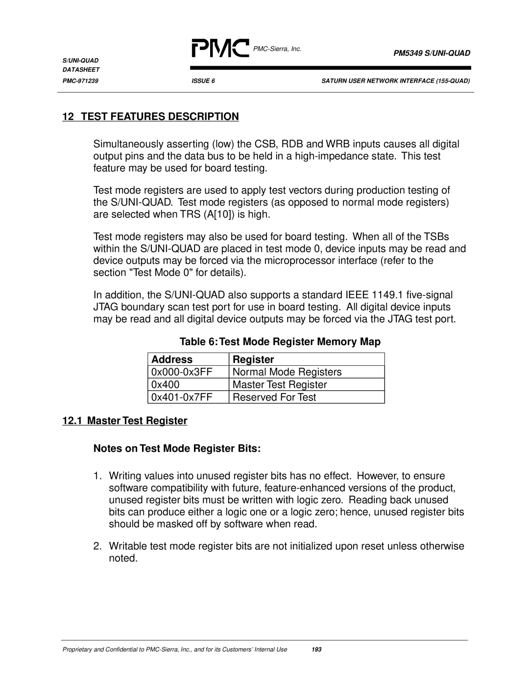 PMC-Sierra PM5349 manual Test Features Description, Test Mode Register Memory Map Address, Master Test Register 