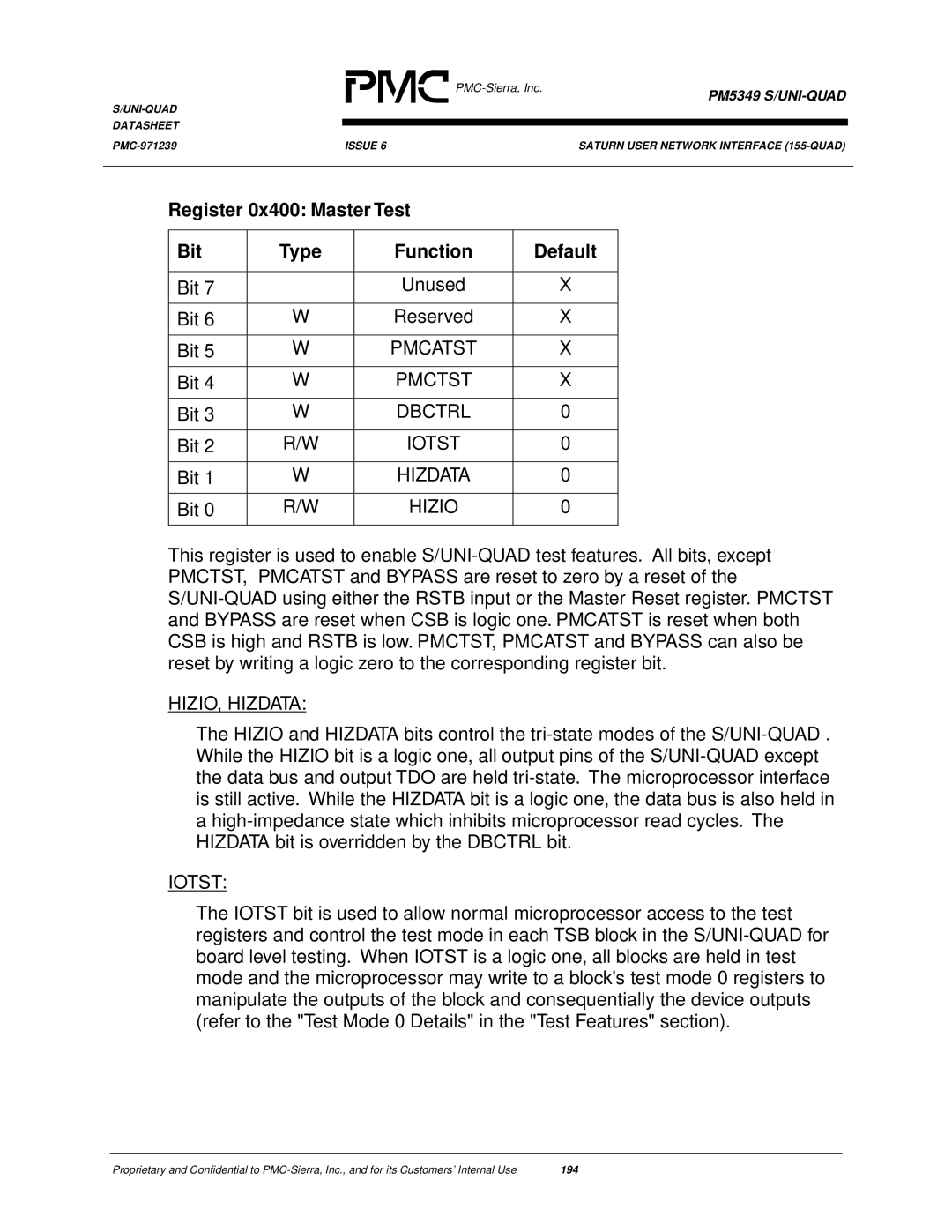 PMC-Sierra PM5349 manual Register 0x400 Master Test Bit Type Function Default 