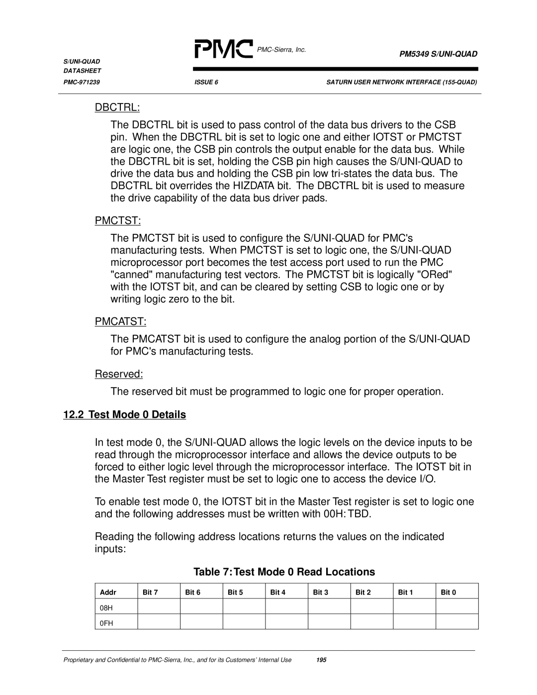 PMC-Sierra PM5349 manual Pmcatst, Test Mode 0 Details, Test Mode 0 Read Locations 