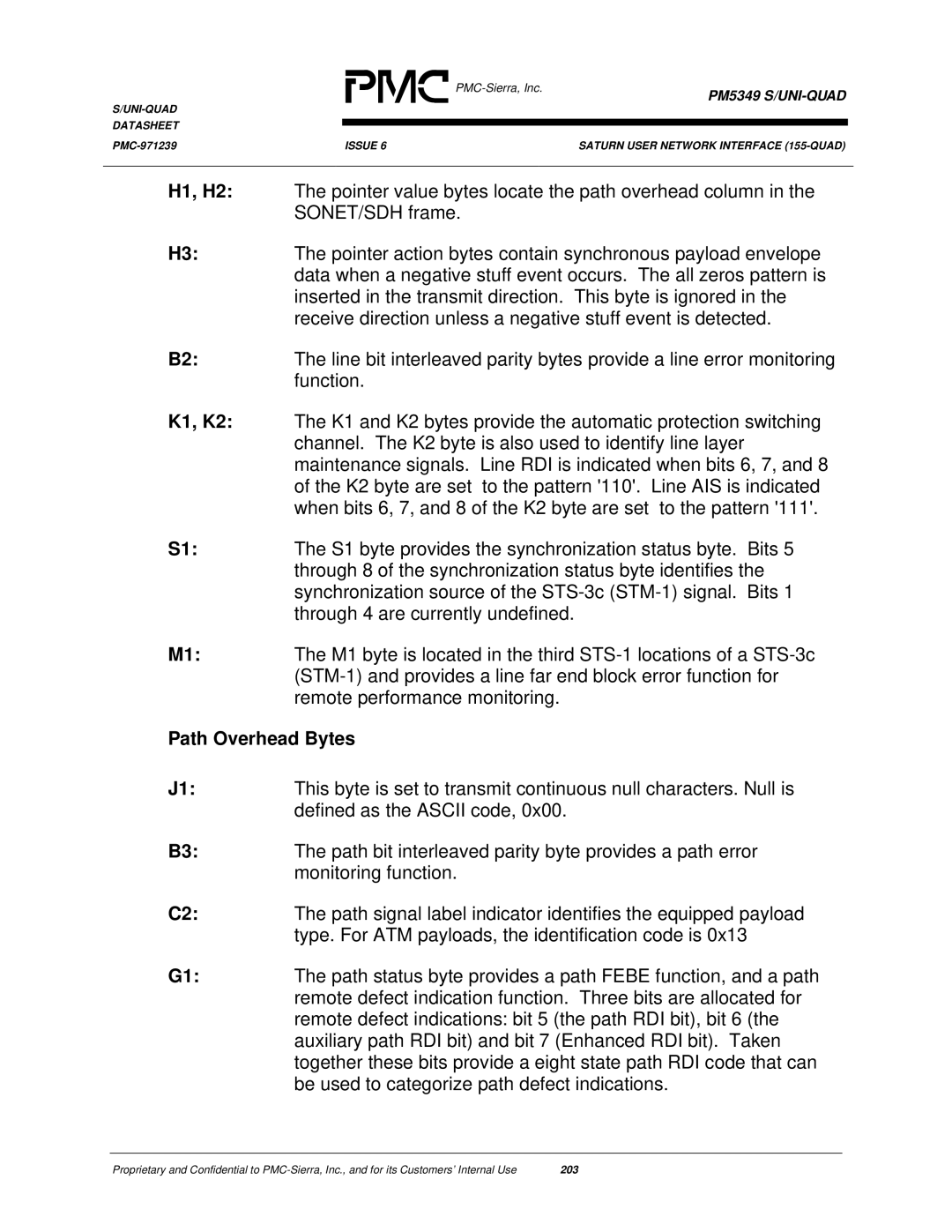 PMC-Sierra PM5349 manual Path Overhead Bytes 