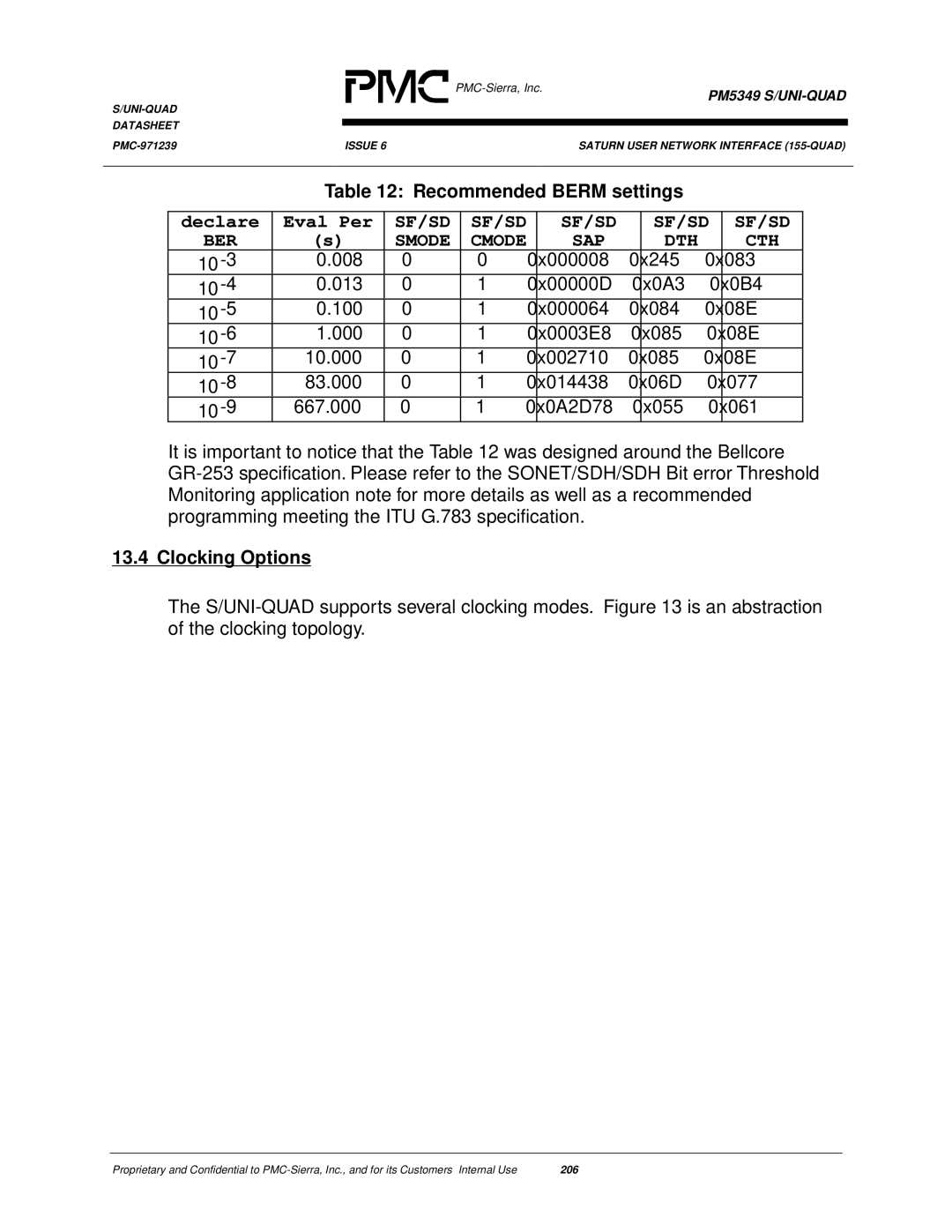 PMC-Sierra PM5349 manual Recommended Berm settings, Clocking Options 