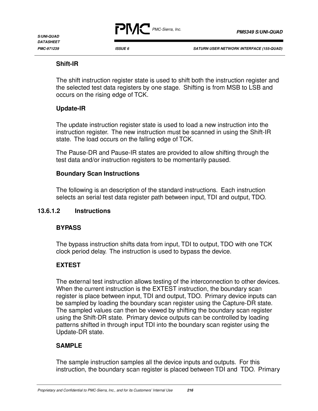 PMC-Sierra PM5349 manual Shift-IR, Update-IR, Boundary Scan Instructions, Bypass, Sample 